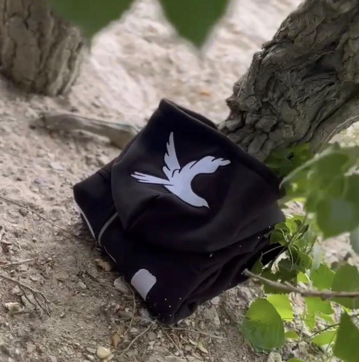 Black fabric with a white logo on the ground near tree trunks and leaves